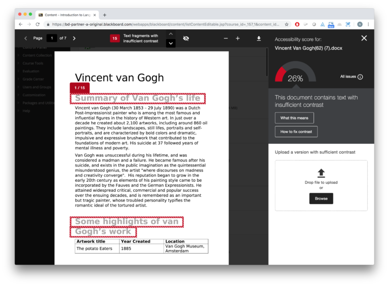 Ally in-browser preview of file with color contrast issues outlined with a red border
