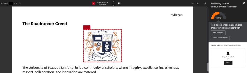 Ally in-browser document view for image description issue. Image needing alternative text is outlined with a red square