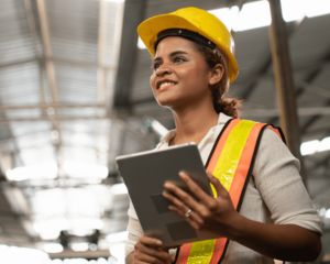 Woman wearing hard hat and neon vest holding a clipboard